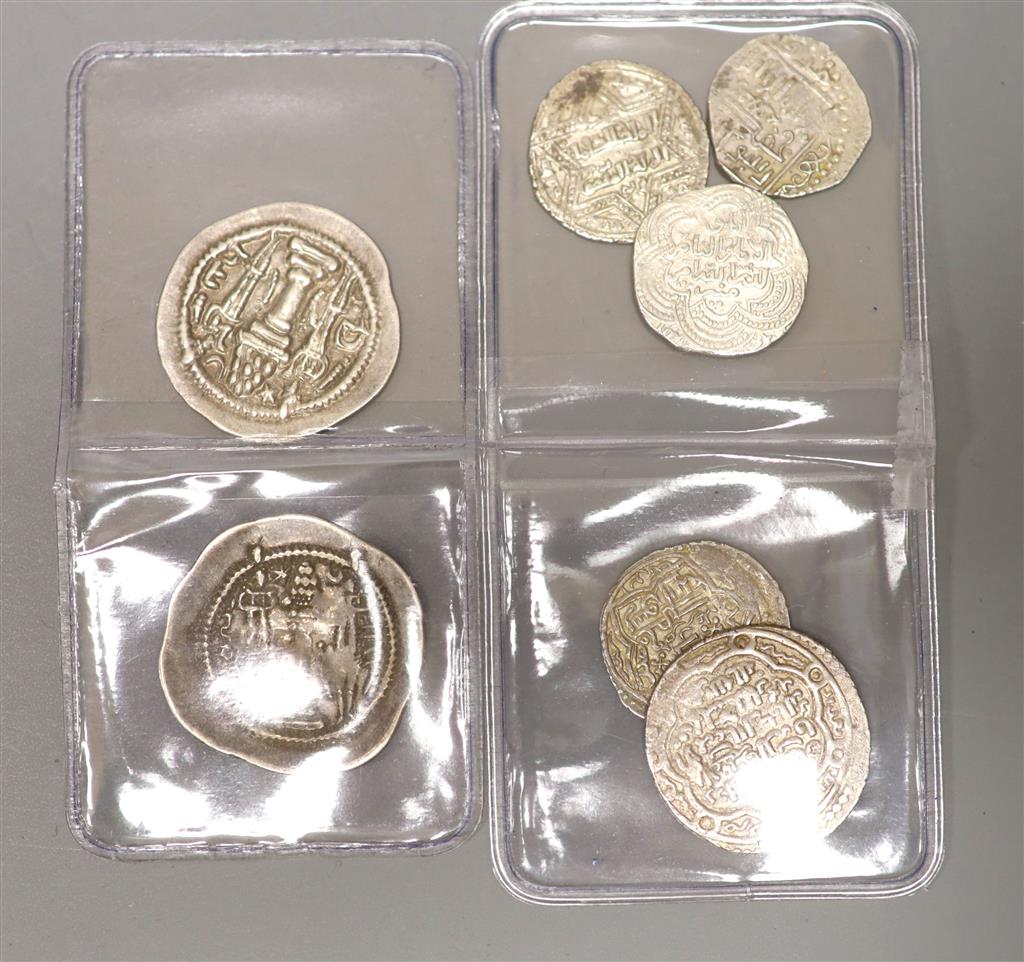 Two Sassanian dirhem and four early Islamic dirhem and a double dirhem